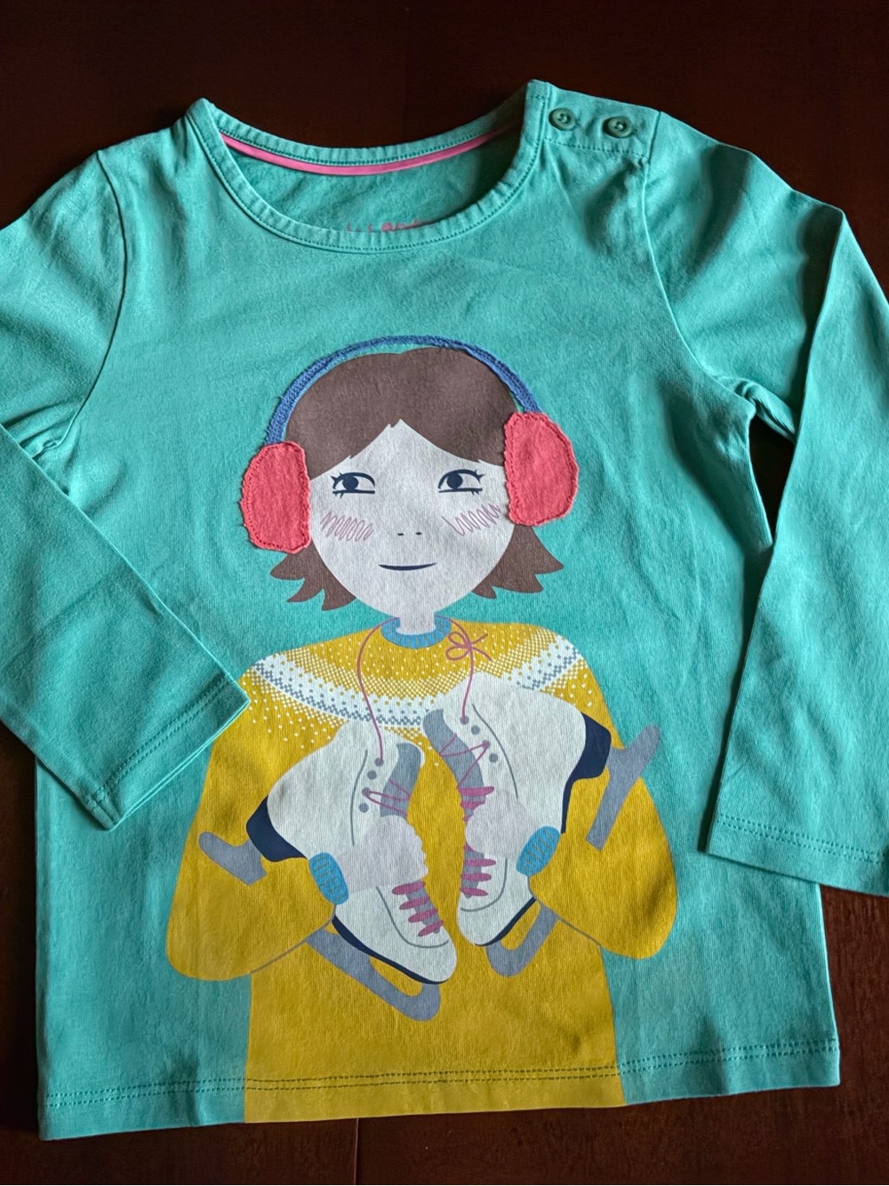 Mini Boden Teal Long-Sleeve Top with Ice Skate Girl Graphic